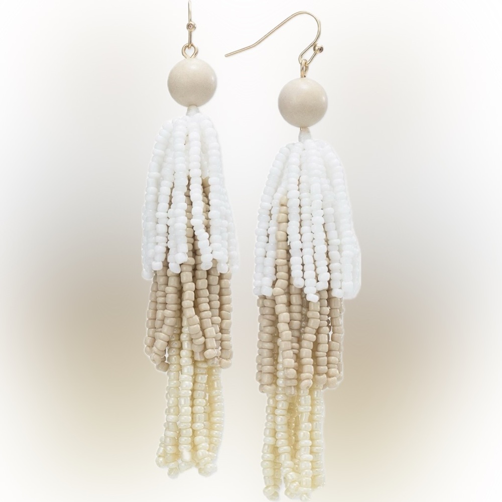 Style & Co Tonal Stone & Beaded Fringe Chandelier Earrings White/Tan